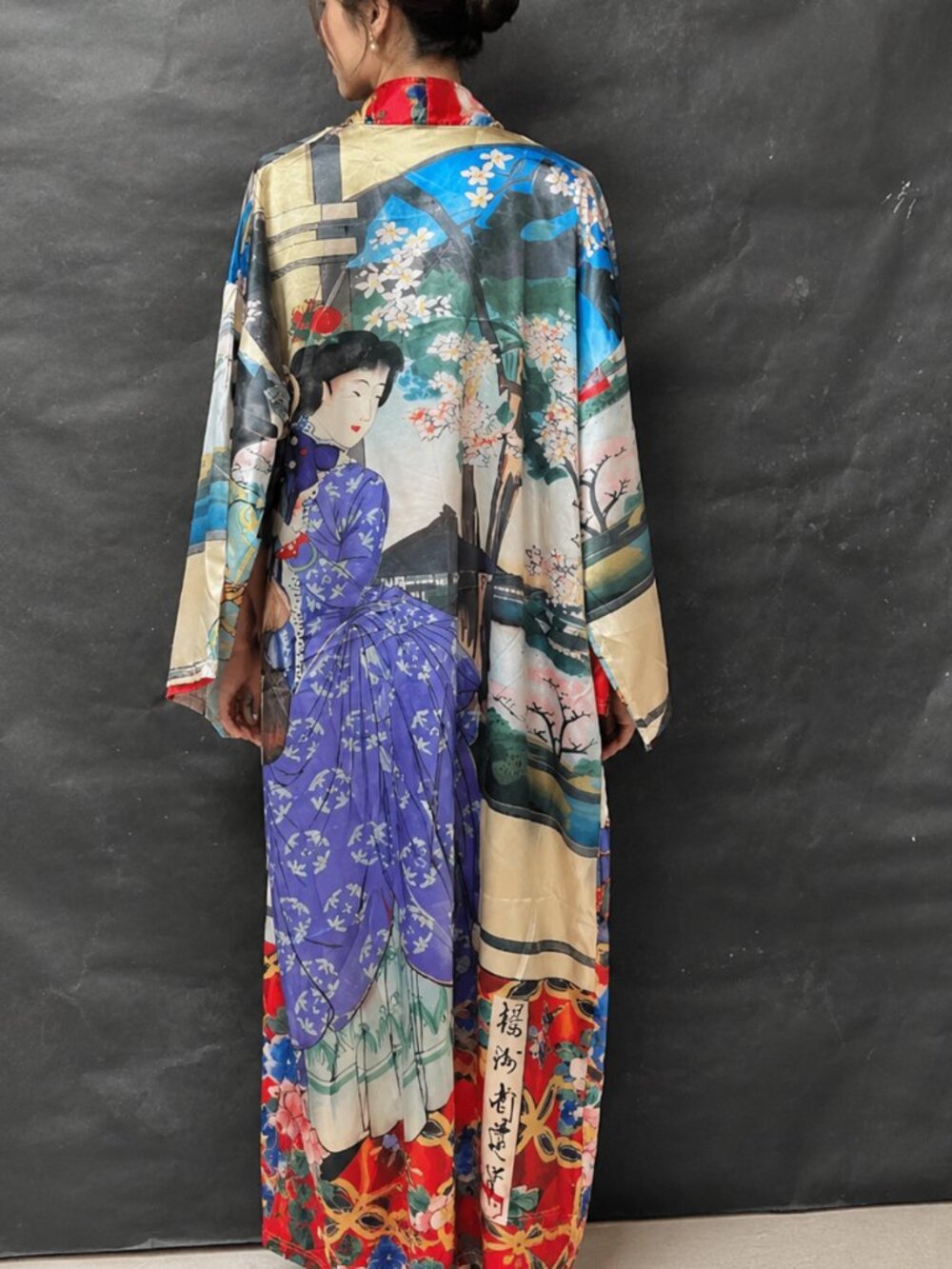 Toyohara Chikanobu Blue Geisha Girls Glossy Long Satin Kimono Robe Size Unisex